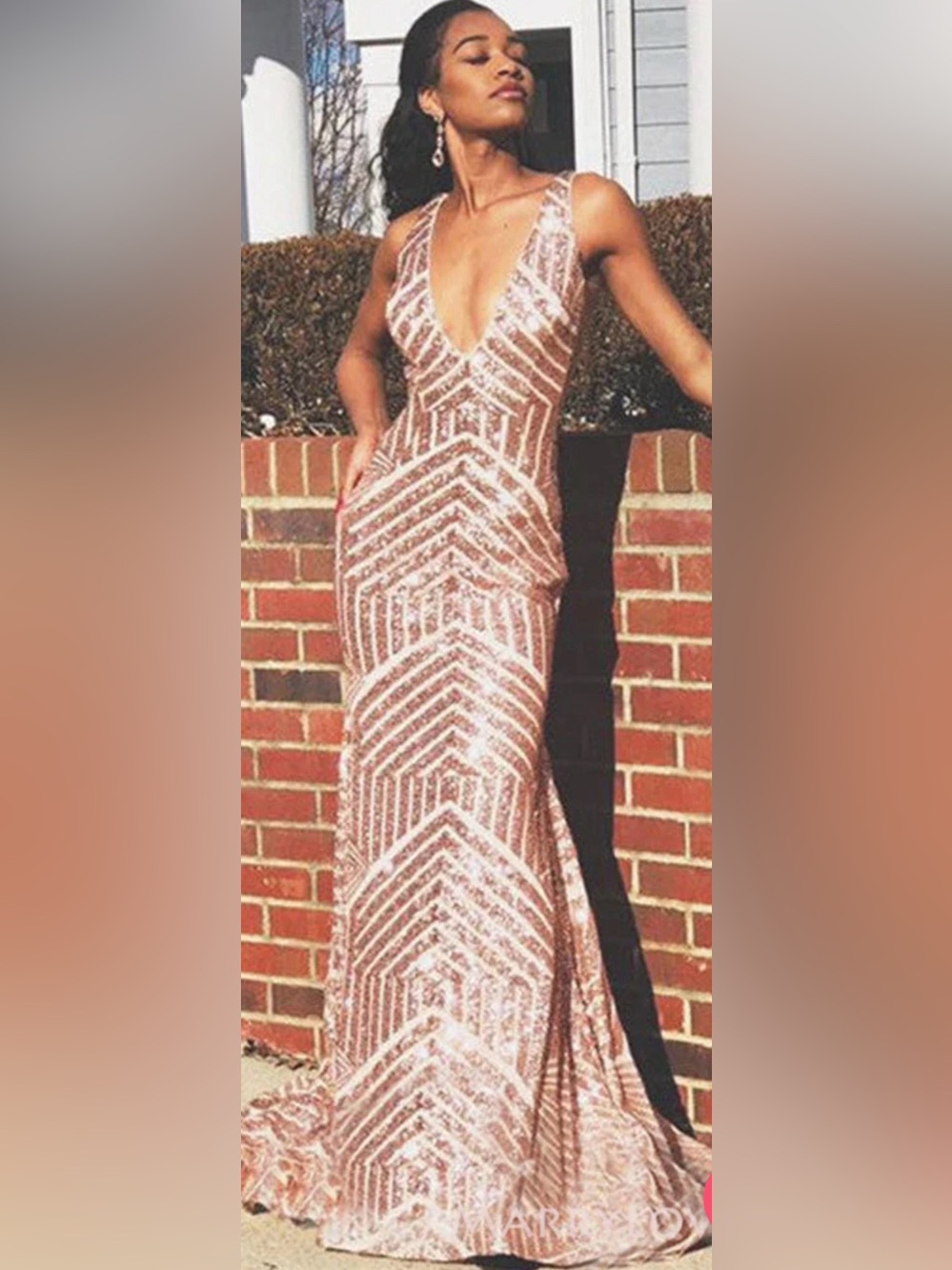 Rose Gold Sequin Mermaid Evening Gown Formal Prom Dress Size XL